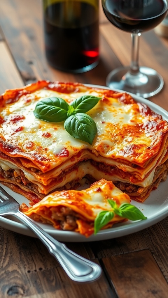 Layered lasagna with meat sauce and cheese, garnished with basil, on a rustic table with a glass of wine.